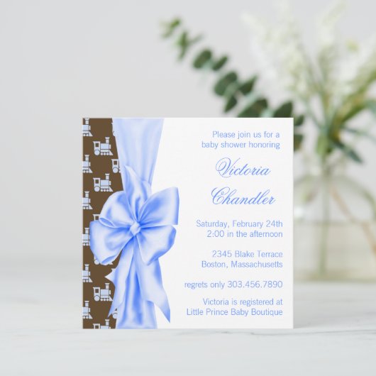 Bruine en blauwe trein Baby Boy Shower Kaart (Staand voorkant)