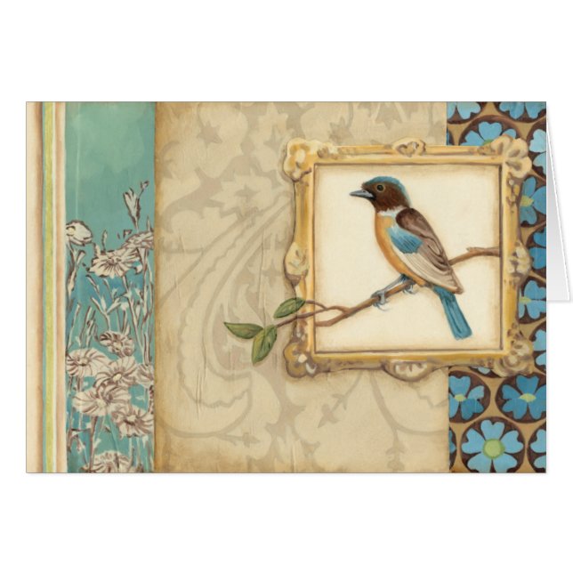 Bruine en blauwe vogel op een bijkantoor die omhoo (Voorkant Horizontaal)