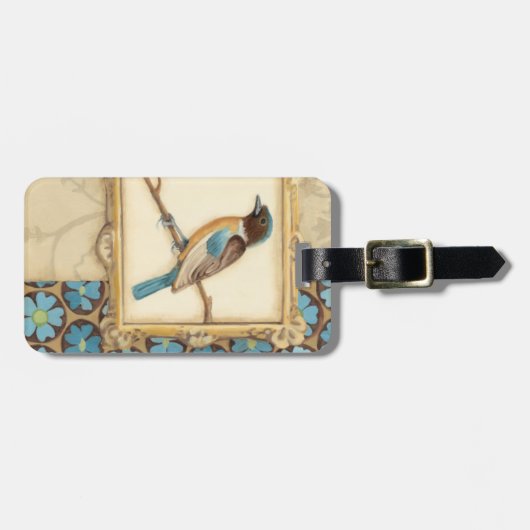 Bruine en blauwe vogel op een bijkantoor die omhoo bagagelabel (Voorkant horizontaal)