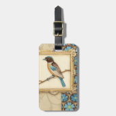 Bruine en blauwe vogel op een bijkantoor die omhoo bagagelabel (Voorkant verticaal)