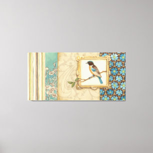 Bruine en blauwe vogel op een bijkantoor die omhoo canvas afdruk