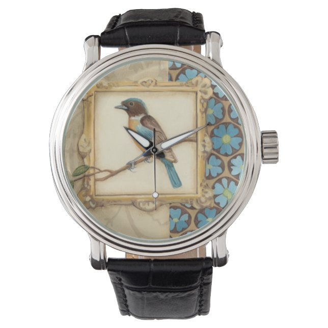 Bruine en blauwe vogel op een bijkantoor die omhoo horloge (Voorkant)