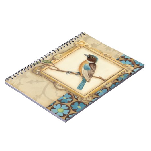 Bruine en blauwe vogel op een bijkantoor die omhoo notitieboek (Linkerzijde)