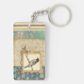 Bruine en blauwe vogel op een bijkantoor die omhoo sleutelhanger (achterkant)