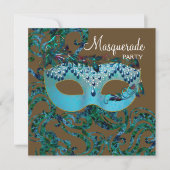 Bruine en Blauwgroen Blue Masquerade Party Kaart (Voorkant)