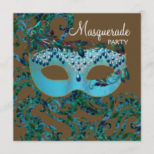 Bruine en Blauwgroen Blue Masquerade Party Kaart