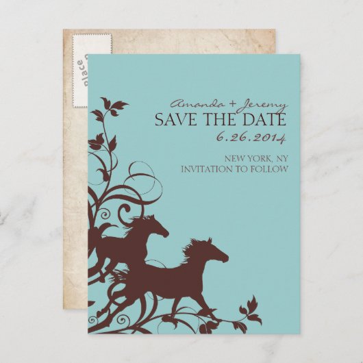 Bruine en Blauwgroen wilde paarden sparen de datum Aankondigingskaart (Voorkant / Achterkant)
