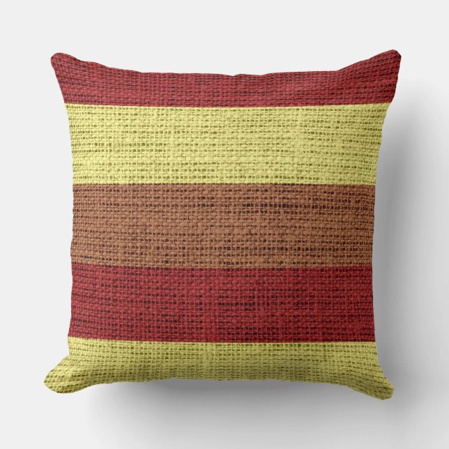 Bruine en gele Stripes Burlap Linen Rustic Jute Kussen (Voorkant)