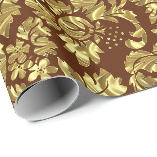 Bruine en gouden  bloemdamast cadeaupapier (Rol Hoek)