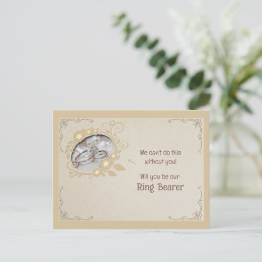 Bruine en gouden bloemring dragende uitnodiging (Staand voorkant)