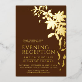 Bruine en gouden herfstbladeren bruiloftsreceptie folie uitnodiging