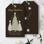 Bruine en gouden kerstboom en sterren cadeaulabel