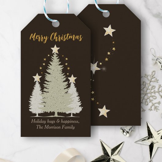 Bruine en gouden kerstboom en sterren cadeaulabel