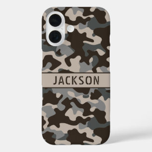 Bruine en grijze camouflage gepersonaliseerd iPhone 16 hoesje
