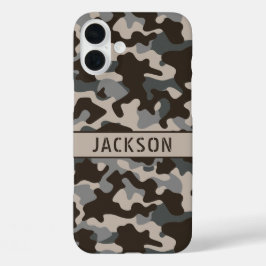 Bruine en grijze camouflage gepersonaliseerd iPhone 16 plus hoesje