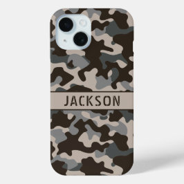 Bruine en grijze camouflage gepersonaliseerd iPhone 15 case