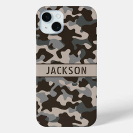 Bruine en grijze camouflage gepersonaliseerd iPhone 15 mini hoesje