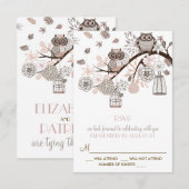 Bruine en grijze uilen winter bruiloft RSVP kaart (Voorkant / Achterkant)