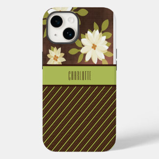Bruine en groene mooie bloemen telefoonhoes iPhone 14 hoesje