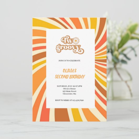 BRUINE EN ORANJE GROOVY UITNODIGING (Staand voorkant)