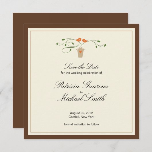 Bruine en Oranje Tortelduifjes besparen de datum Save The Date (Voorkant / Achterkant)