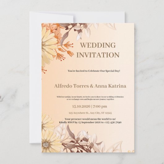 Bruine en Oranje Waterverf Illustratieve bruiloft Kaart (Voorkant)