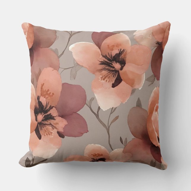 Bruine en perzik bloemen kussen (Voorkant)