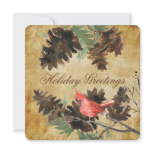 Bruine en rode kardinaal dennenappels kerstkaart