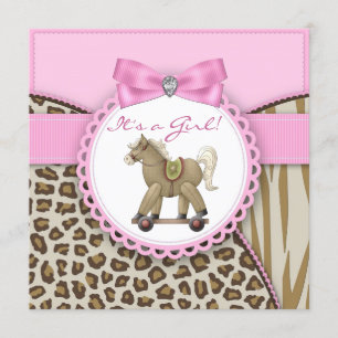 Bruine en Roze Schommelpaard Meisje Baby Shower Kaart