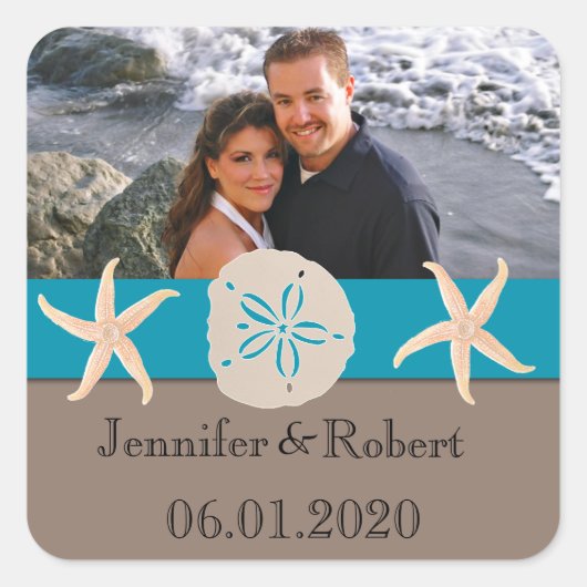 Bruine en Turquoise Band Zeester en Zanddollar Vierkante Sticker (Voorkant)