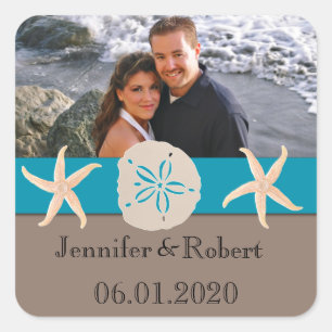 Bruine en Turquoise Band Zeester en Zanddollar Vierkante Sticker