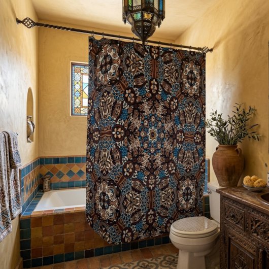 Bruine en turquoise bohemien douchegordijn