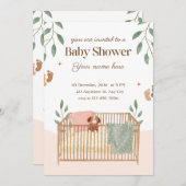 Bruine en witte bloemenbabyshower uitnodigingen (Voorkant / Achterkant)