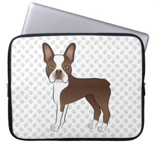 Bruine En Witte Boston Terrier Cartoon Hond & Poot Laptop Sleeve