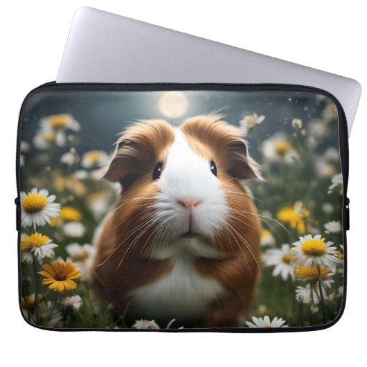 Bruine en witte cavia maan en madeliefjes, laptop sleeve (Voorkant)