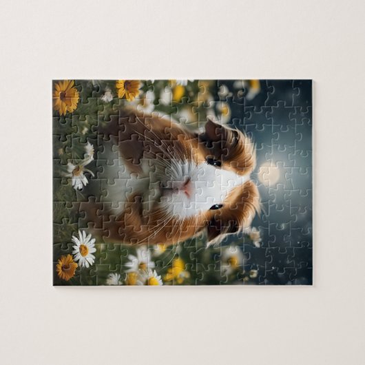 Bruine en witte cavia maan en madeliefjes, legpuzzel (Horizontaal)