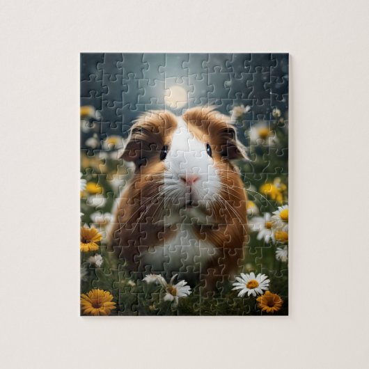 Bruine en witte cavia maan en madeliefjes, legpuzzel (Verticaal)