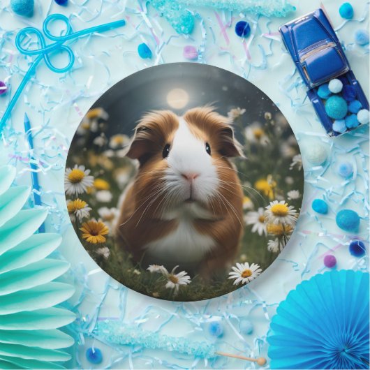 Bruine en witte cavia maan en madeliefjes, papieren bordje (Feest)