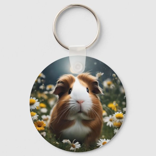 Bruine en witte cavia maan en madeliefjes, sleutelhanger (Voorkant)