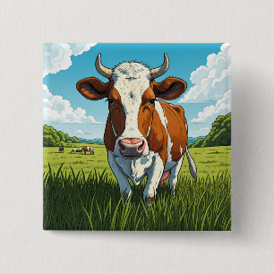 Bruine en witte koe die in een veld met gras staat vierkante button 5,1 cm