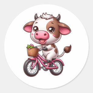 Bruine en witte koe op een fiets ronde sticker