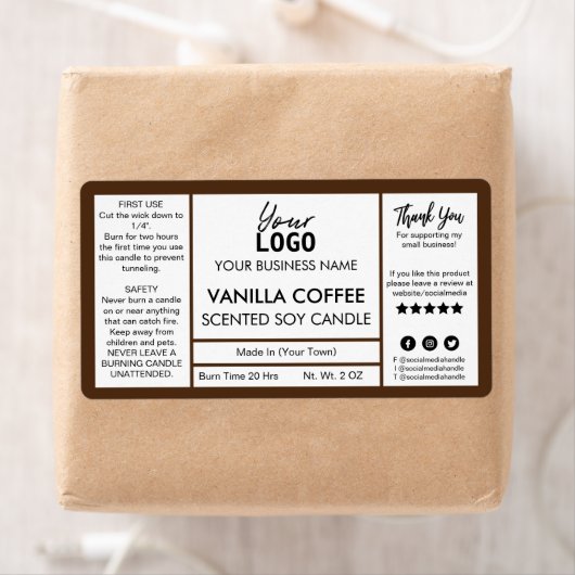 Bruine en witte koffee-gecentreerde sojakandel etiket (Insitu)