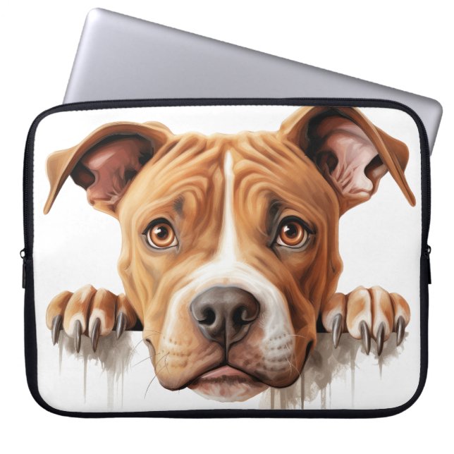 BRUINE EN WITTE PITBULL TERRIER HOND LAPTOP SLEEVE (Voorkant)