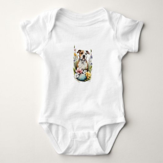 Bruine en witte puppy hond met bloemen romper (Voorkant)