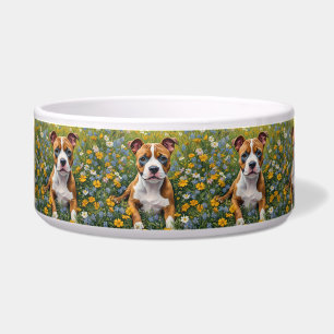 Bruine En Witte Staffordshire Bull Terrier Puppy, Voerbakje