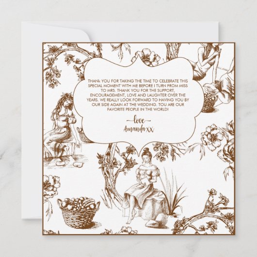 Bruine en witte Toile de Jouy bruiloftsdouche Bedankkaart (Achterkant)