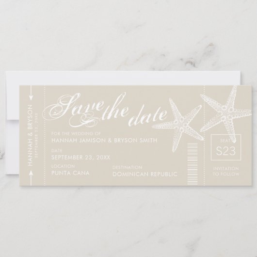 Bruine en witte zeester instapkaart ticket save the date (Voorkant)