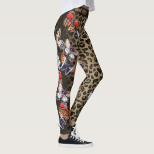 Bruine en zwarte luipaard kleurrijke vlinders leggings