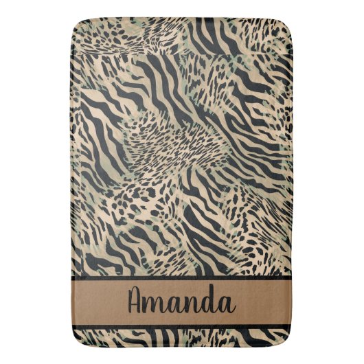 Bruine en zwarte tijger en zebraafdrukken badmat (Voorkant Verticaal)