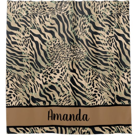 Bruine en zwarte tijger en zebraafdrukken douchegordijn (Voorkant)